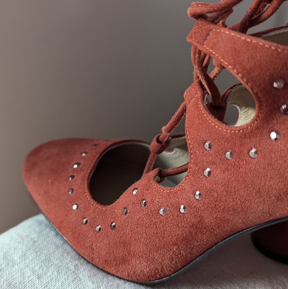 Sapena Spain Lace Up Chunky Ankle Heel Brown Suede Leather Round Yoe Euro 37.5 - Picture 10 of 16